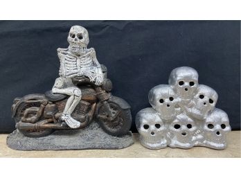 Resin Motorcycle With Skeleton Riders & Plaster Skull Votive