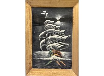 1970s Original Painting On Velvet 'Night Time Sail Ship' In Frame