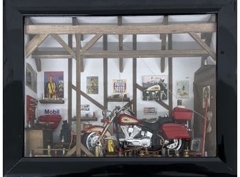 Intricately Detailed Diorama Depicting Motorcycle Garage In Black Enamel Framed Shadow Box