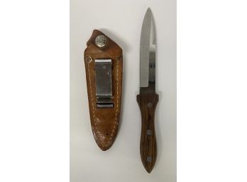 Precision Hollow Ground Fine Stainless Steel Knife With Wood Handle And Leather Sheath