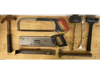 Assorted Tools Including Saws And Pry Bars