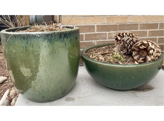 Collection Of Two Porcelain Green & Blue Glazed Planters