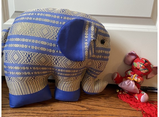 Pair Of Two Decorative Plush Animals Including Tapestry Elephant And Chinese Mouse With Tassle Tail