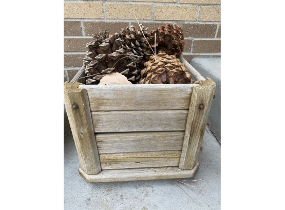 Decorative Slatted Wood Bin With Pinecones