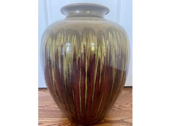 Heavy Polychrome Dripware Vase With Reds, Green, & Gray Tones