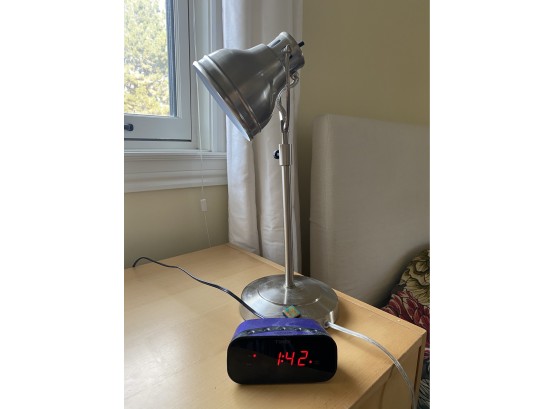 Adjustable Brushed Steel Tone Lamp And Beside Digital Clock