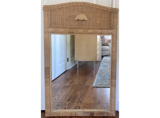 Heavy Wicker And Wood Mirror With Ornamental Shell Detail