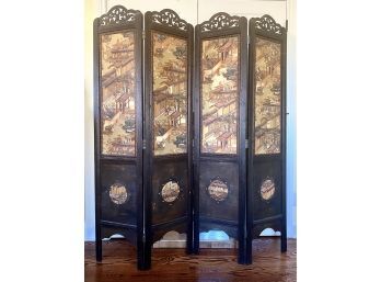 Four Panel Wood Japanese Folding Screen Or Room Divider With Tri-metal Toned Painted Village Scene