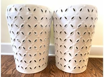 Pair Of Two White Painted Metal Hollow Plant Stands
