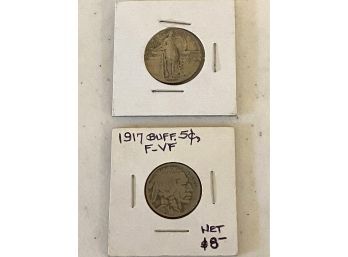 Pair Of Two Coins Including 1917 Buffalo Nickel F-vF