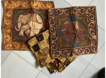 Pair Of Three Zimbabwe Linens Including Hand Painted Runner And Sequined Elephant Pillow Cases