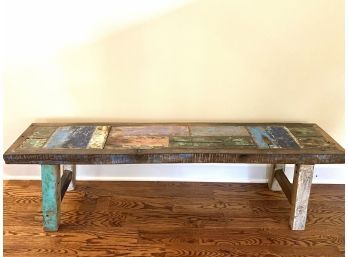 Gorgeous Bohemian Painted Bench From Pacific Coast Home In Painted Blue Distressed Wood