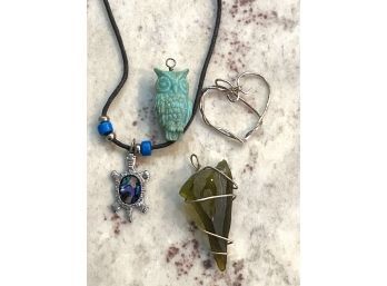 Great Grouping Of Costume Jewelry Including Heart, Owl, And Glass Pendant