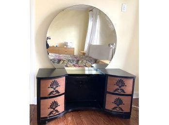 Art Deco Vanity With Stencil Painted Drawers And Circular Mirror