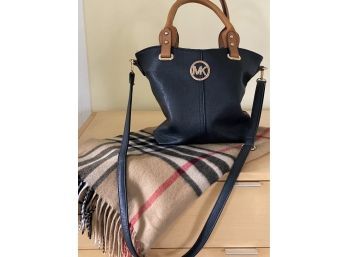 Gorgeous Michael Kors Leather Bag With Monogram And Contrast Leather Handle And Plaid Wool Scarf