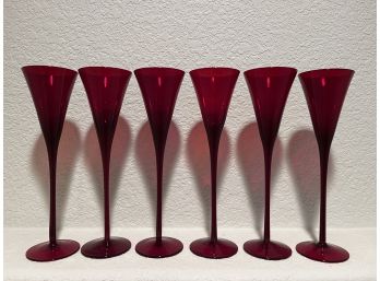 Six Tall Elegant Ruby Red Champagne Glasses