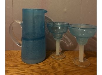Blue Bubble Glass Pitcher And 2 Margarita Glasses