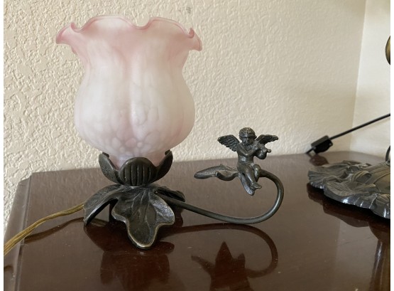 Small Art Nouveau Vintage Lamp With Pink Glass Tulip Shade