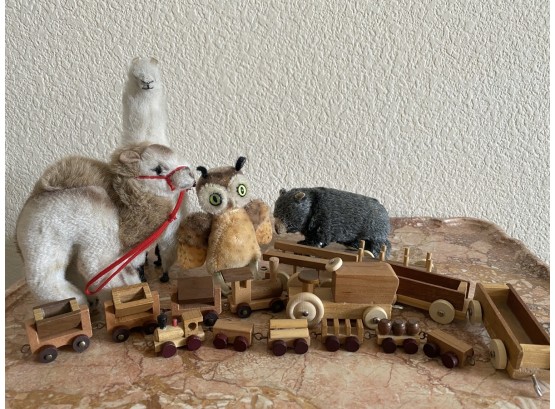 Collection Of 3 Miniature Trains, 4 Stuffed Animals Including Antique Wind-Up Stuffed Bear (Head & Feet Move)
