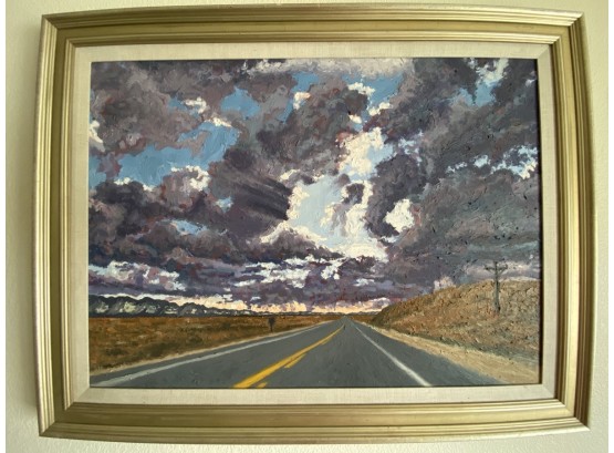 Large Original Oil On Canvas Of Open Road At Sunrise -Signed