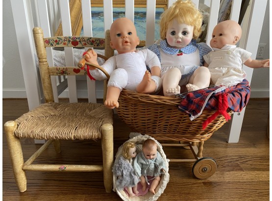 Doll Pram With Antique Folk Painted Children's Chair & Victorian Dolls