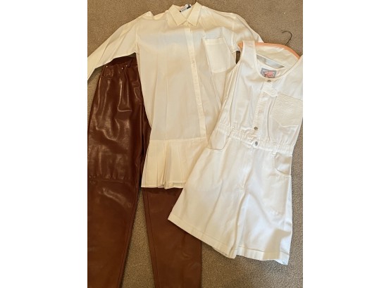 Collection Of Vintage Clothing Including White Romper, Escada Leather Pants, And Cotton Pleated Shirt Dress
