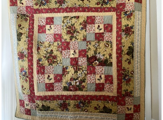Small Hand Sewn Country Farm Quilt With Yellows And Reds