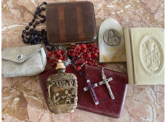Collection Of Religious Items Including Rosary, Book, And Compact Wallet As Well As Snuff Bottle