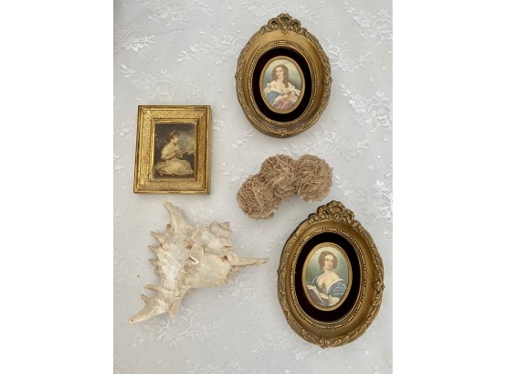 Collection Of Vintage Decor Including Framed Cameo Creation Portraits And Italian Florentine