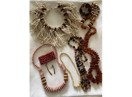Mid Century Tribal Jewelry Lot With Macrame Collar, Amber, And Wood