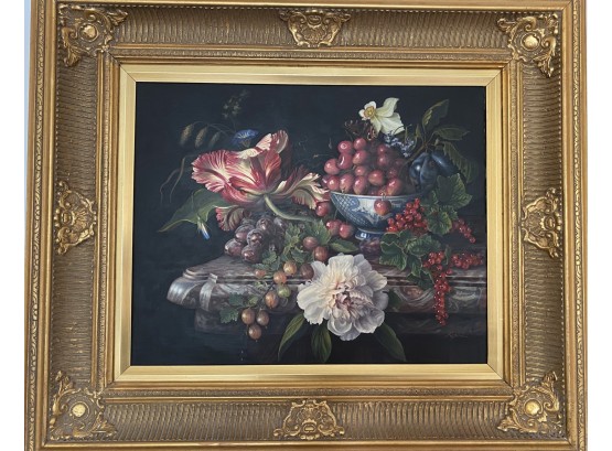 Classical Still Life With Grapes And Flowers Signed Oil On Canvas