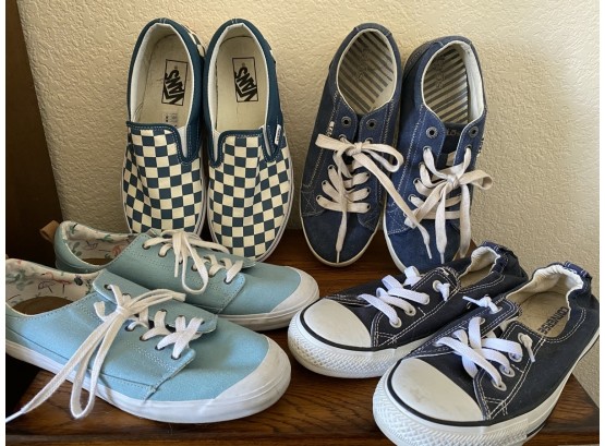 Collection Of Women's Tennis Shoes Including Vans, Converse, Reef, And Taos