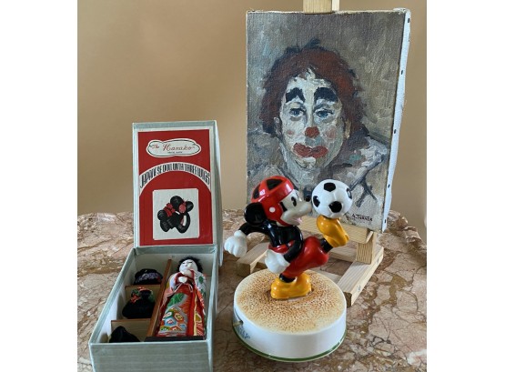 A. Turner Original Clown Painting, Japanese Doll, And Disney Collectibles
