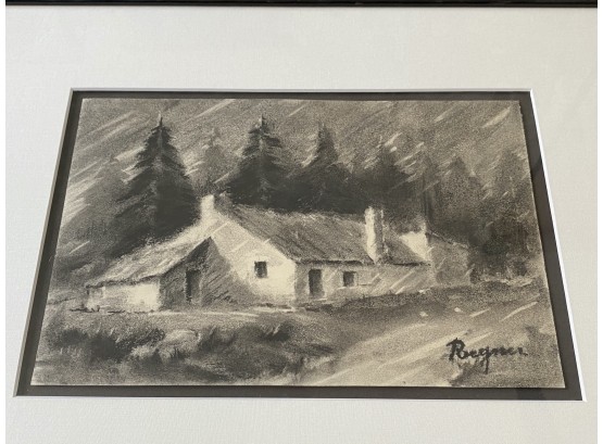 Original Charcoal Drawing By Regner Of Forest House With Trees