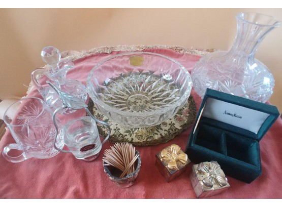 Collection Of 7 Crystal And Silver-plate Items Including Neiman Marcus Salt And Pepper Shaker