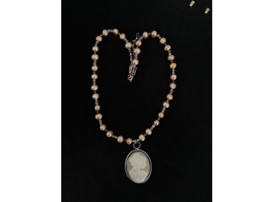 925 Sterling Silver Camio W/ Beaded Necklace