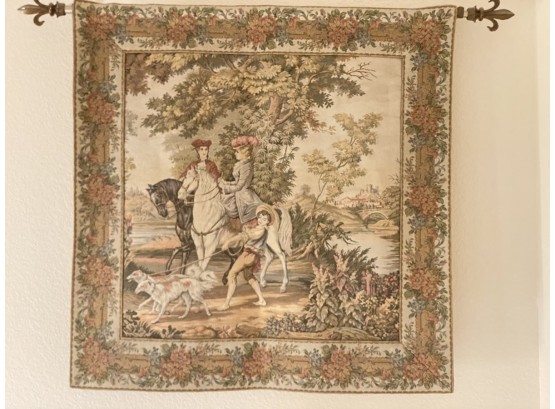 Gorgeous Antique Fine Needlepoint Tapestry With Borzoi Dogs And Hunting Courtesans