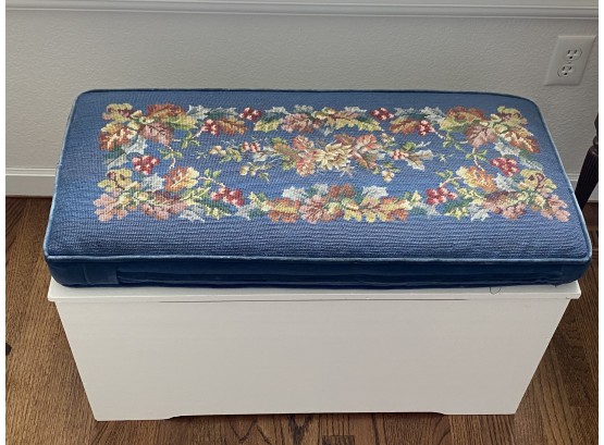 White Toy Chest With Custom Navy Blue & Floral Needlepoint Pillow