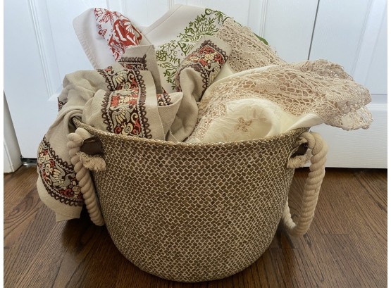 Decorative Basket Of Vintage Tablecloths Including Reversible Linen Hunting Tablecloth