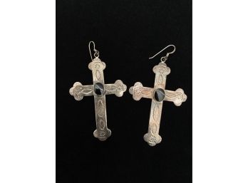 Sterling Silver And Onyx Cross Earrings