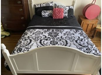 White Full Sized Bed Frame With Mattress & Black And White Comforter Set