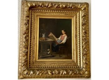 Exceptional 19th Century Antique Classic Oil Painting Of Girl Reading In Ornate Gilden Acorn Frame Circa 1750