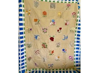 Exceptional Embroidered Cottage Garden Quilt With Fence Appliqué Border