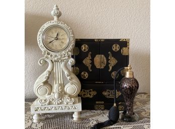 Lovely & Classic Vanity Decor Including Chinese Lacquer Box & Richard Ward Clock