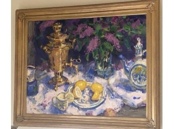 Exceptional Scott Switzer Still Life Of Tea Scene With Samovar And Lilacs