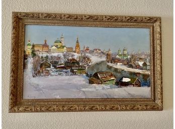 Russian Snow Covered Village Oil On Canvas Attributed To B. Liskoz