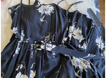 Ralph Lauren Purple Label Size 6 Tea Length Black And White Belted Silk Dress