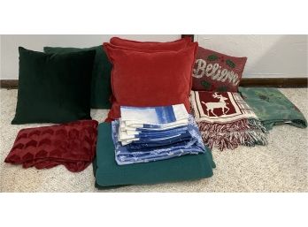 Lot Of Winter Themed Linens And Pillows