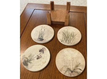 Set Of Flower Motif Coasters With Holder