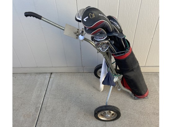 Assorted Golf Clubs (primarily Golden Bear) With Push Cart